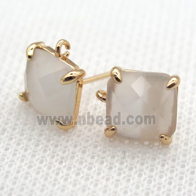 copper square stud Earrings with white crystal glass, gold plated
