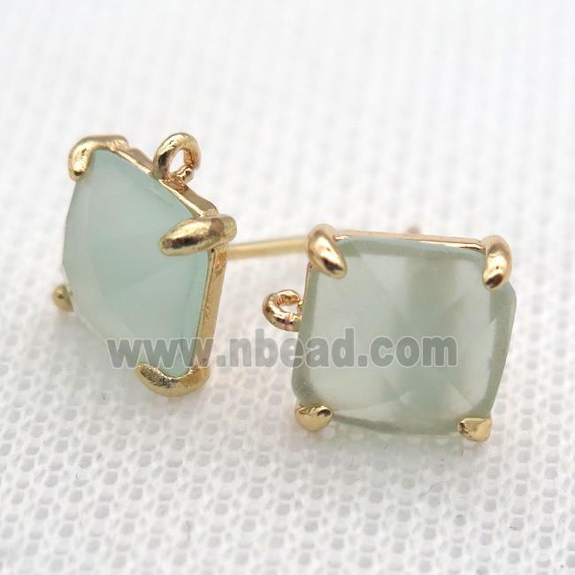 copper square stud Earrings with lt.green crystal glass, gold plated