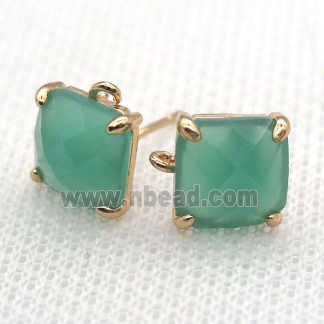 copper square stud Earrings with green crystal glass, gold plated
