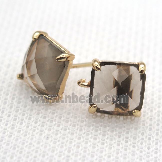copper square stud Earrings with gray crystal glass, gold plated
