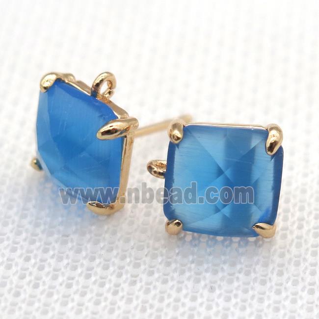 copper square stud Earrings with blue crystal glass, gold plated