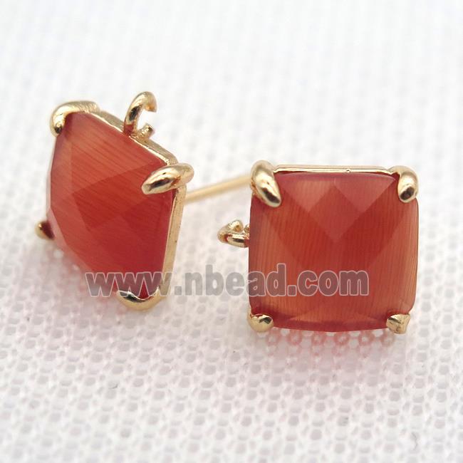 copper square stud Earrings with red crystal glass, gold plated