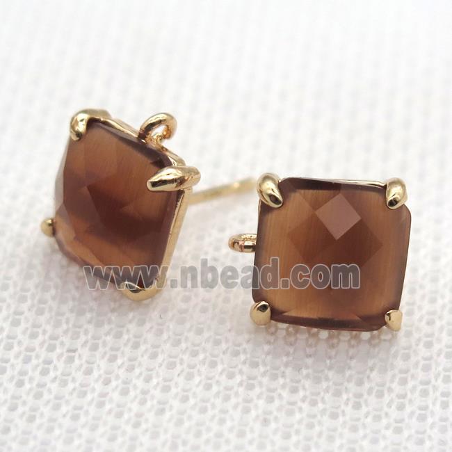 copper square stud Earrings with crystal glass, gold plated