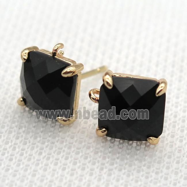 copper square stud Earrings with black crystal glass, gold plated