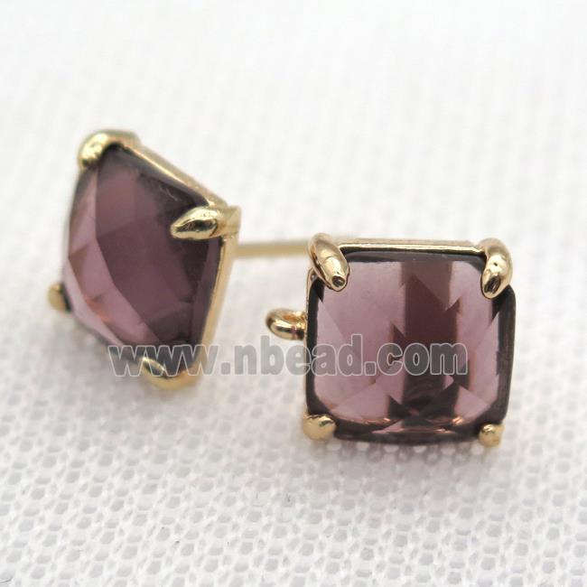 copper square stud Earrings with purple crystal glass, gold plated