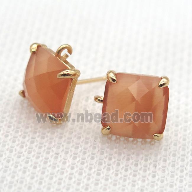 copper square stud Earrings with orange crystal glass, gold plated