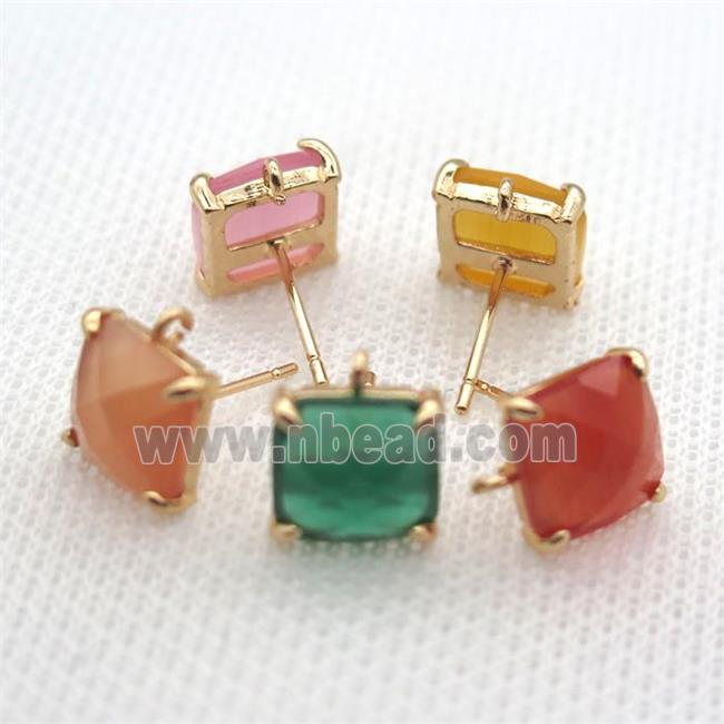 copper square stud Earrings with crystal glass, mixed, gold plated