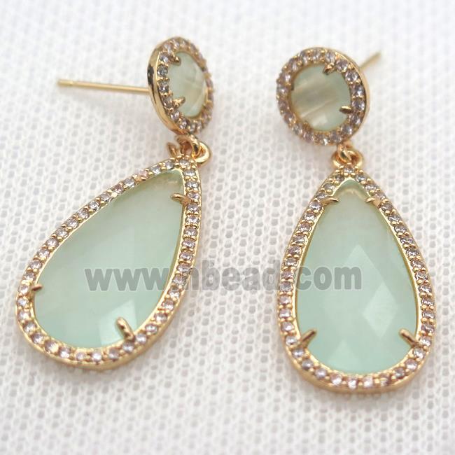 copper teardrop stud Earrings pave zircon with lt.green crystal glass, gold plated