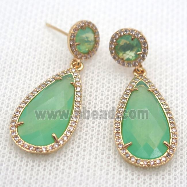 copper teardrop stud Earrings pave zircon with green crystal glass, gold plated