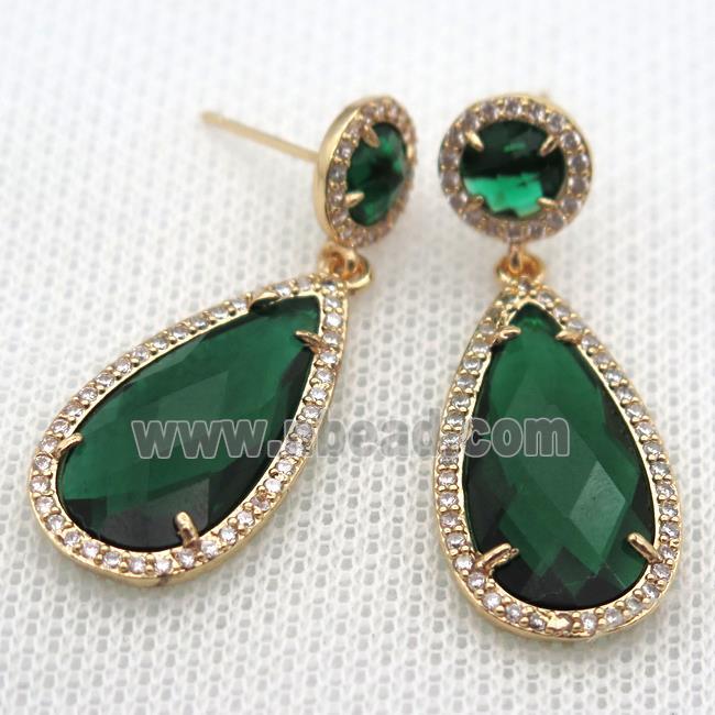 copper teardrop stud Earrings pave zircon with deepgreen crystal glass, gold plated