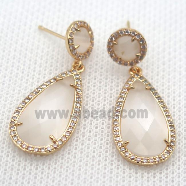 copper teardrop stud Earrings pave zircon with white crystal glass, gold plated