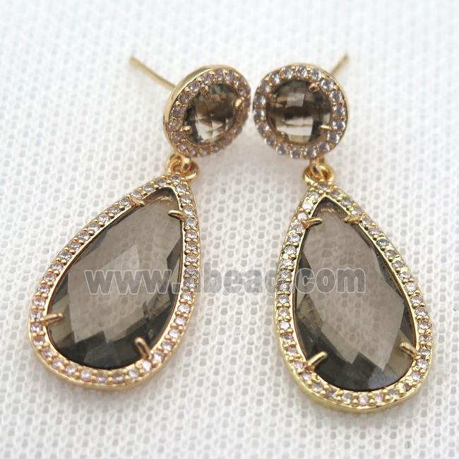 copper teardrop stud Earrings pave zircon with gray crystal glass, gold plated