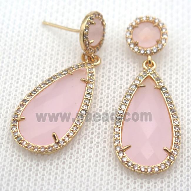 copper teardrop stud Earrings pave zircon with pink crystal glass, gold plated