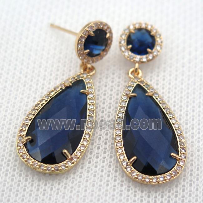 copper teardrop stud Earrings pave zircon with blue crystal glass, gold plated