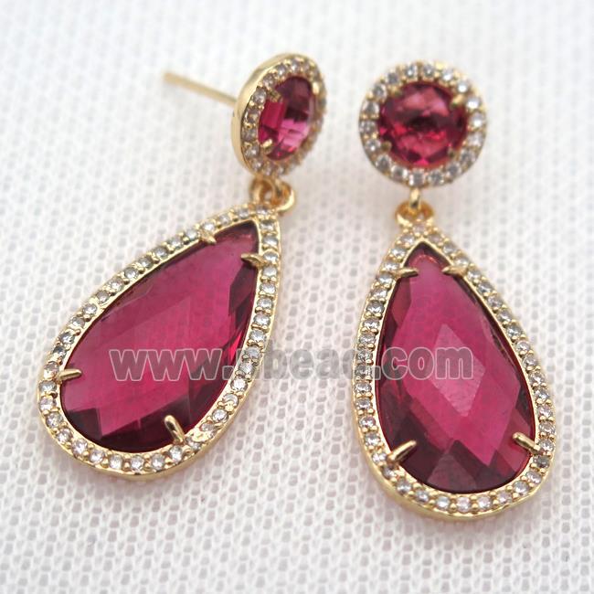 copper teardrop stud Earrings pave zircon with redwine crystal glass, gold plated