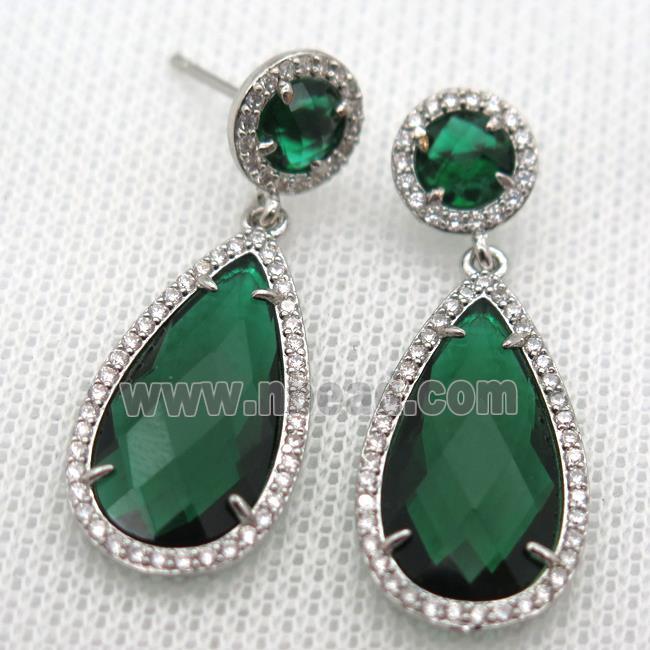 copper teardrop stud Earrings pave zircon with green crystal glass, platinum plated