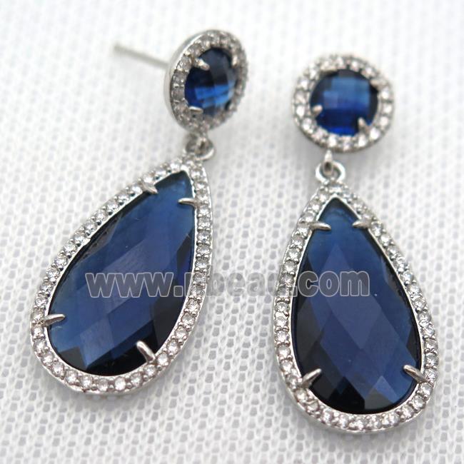 copper teardrop stud Earrings pave zircon with blue crystal glass, platinum plated