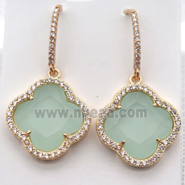 copper clover Hoop Earrings pave zircon with green crystal glass, gold plated