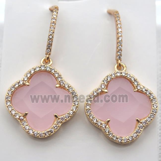copper clover Hoop Earrings pave zircon with pink crystal glass, gold plated