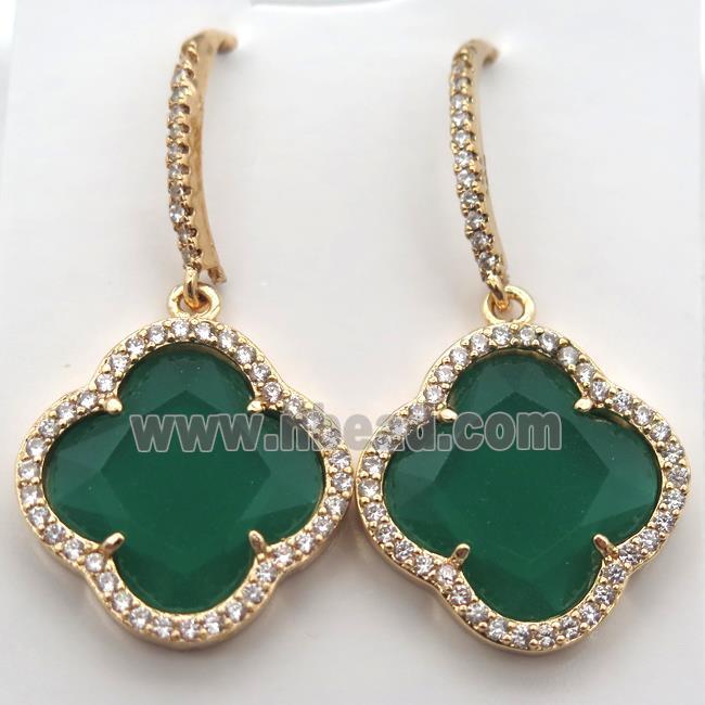 copper clover Hoop Earrings pave zircon with green crystal glass, gold plated