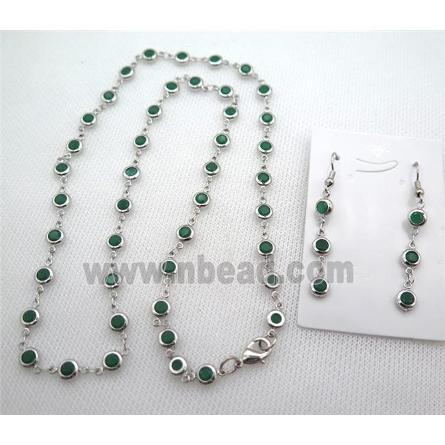 copper Jewelry Sets with green zircon, platinum plated