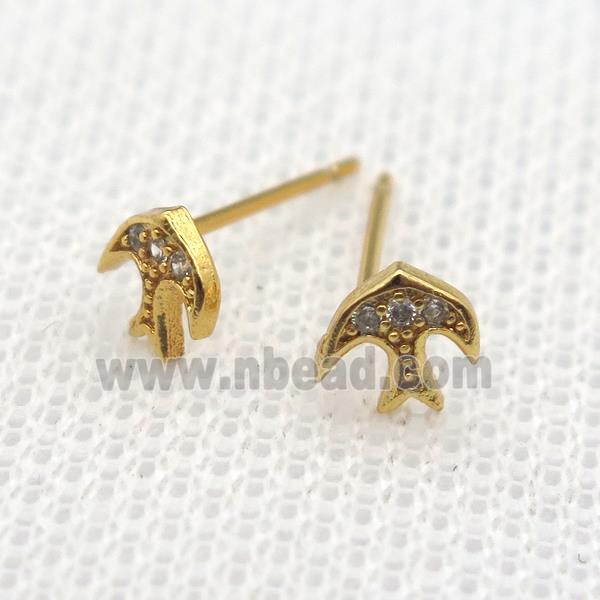 copper Studs Earrings pave zircon, swallow, gold plated