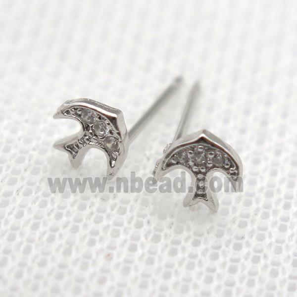 copper Studs Earrings pave zircon, swallow, platinum plated