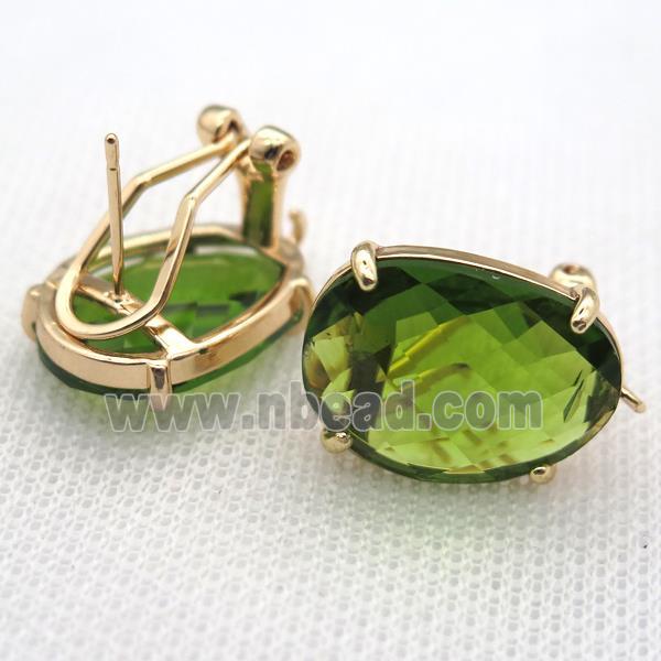 copper clip Earrings with green crystal glass, gold plated