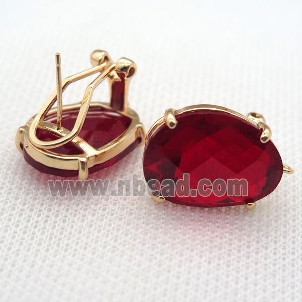 copper clip Earrings with red crystal glass, gold plated