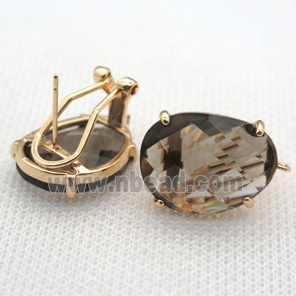 copper clip Earrings with gray crystal glass, gold plated