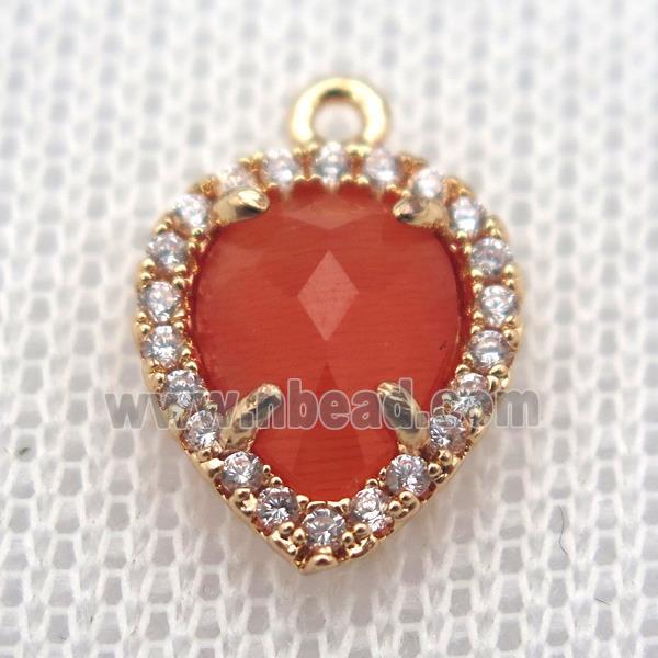 copper teardrop pendant pave zircon with red crystal glass, gold plated