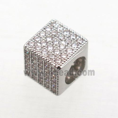 European Style copper beads paved zircon, cube, platinum plated