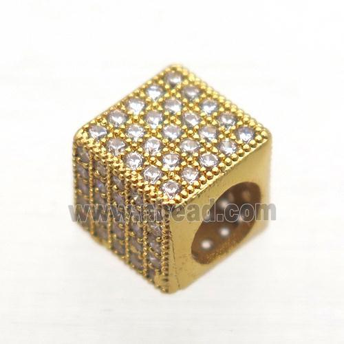 European Style copper beads paved zircon, cube, gold plated