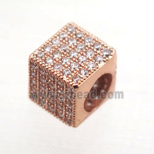 European Style copper beads paved zircon, cube, rose gold
