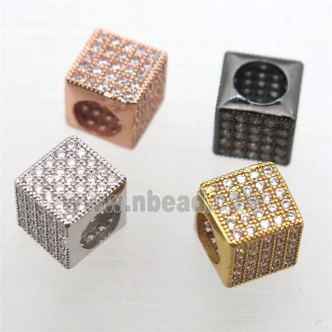 European Style copper beads paved zircon, cube, mix color