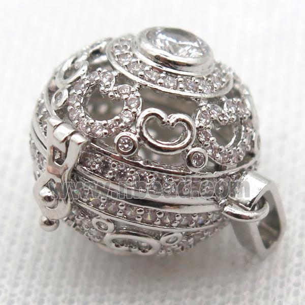 round copper locket pendant pave zircon, platinum plated