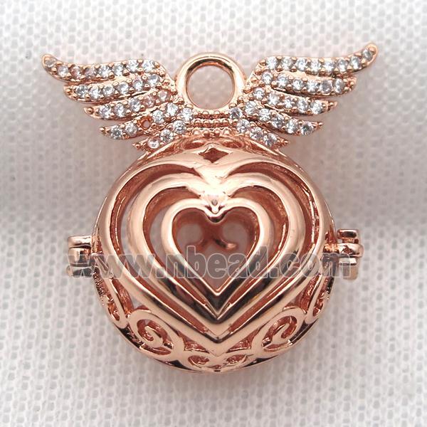 copper locket pendant pave zircon with angel wing, rose gold