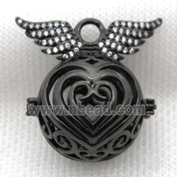 copper locket pendant pave zircon with angel wing, black plated