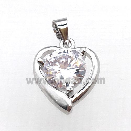 copper heart pendant pave zircon, platinum plated