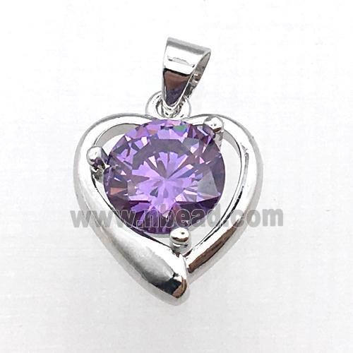copper heart pendant pave purple zircon, platinum plated