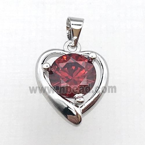 copper heart pendant pave red zircon, platinum plated