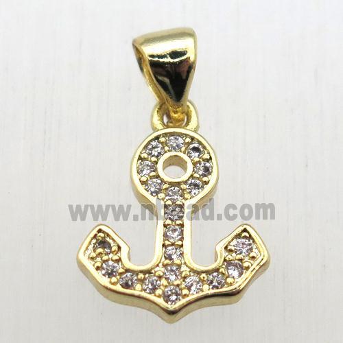 copper anchor pendant pave zircon, gold plated