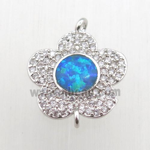 copper flower connector pave zircon with fire opal, platinum plated