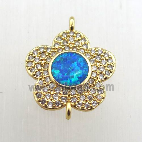 copper flower connector pave zircon with fire opal, gold plated