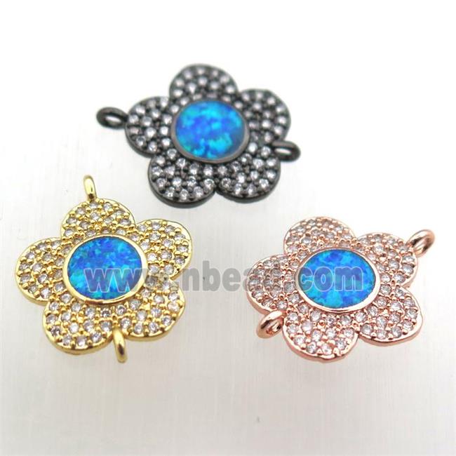 copper flower connector pave zircon with fire opal, mixed color