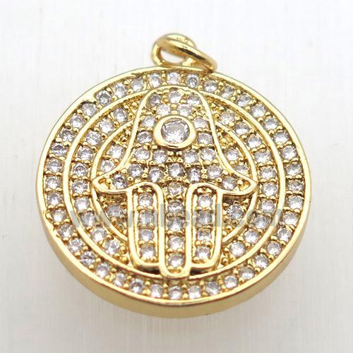 copper hamsahand pendant pave zircon, gold plated