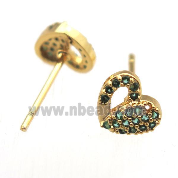 copper stud Earrings pave zircon, heart, gold plated