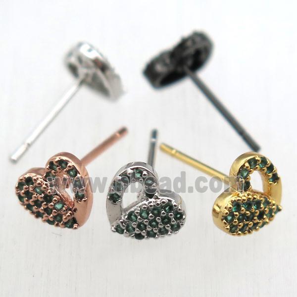 copper stud Earrings pave zircon, heart, mixed color