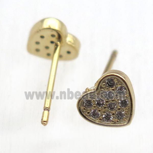 copper stud Earrings pave zircon, heart, gold plated