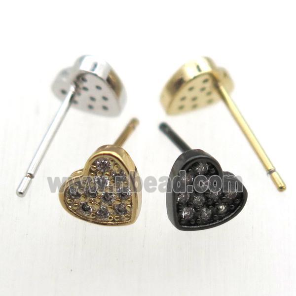 copper stud Earrings pave zircon, heart, mixed color